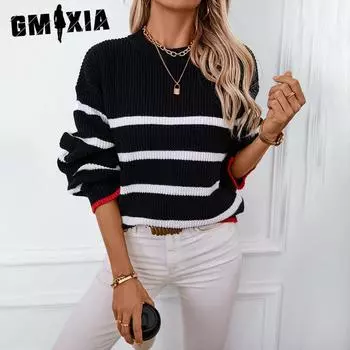 GMXIA Осенне-зимний свитер, сшитый в полоску, свитер с круглым вырезом для женщин S абрикосовый