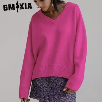 GMXIA Осенне-зимний свитер с V-образным вырезом и длинными рукавами S розы красного