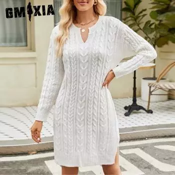 GMXIA Осень-зима Витой Цветок Средней Длины Трикотажное Платье Однотонный Разрез Свободный Пуловер Платье-Свитер Для Женщин S белый