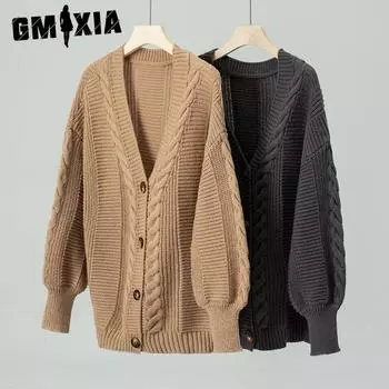 GMXIA Осенне-зимний свитер с V-образным вырезом, свободный повседневный кардиган с рукавами-фонариками, женский S