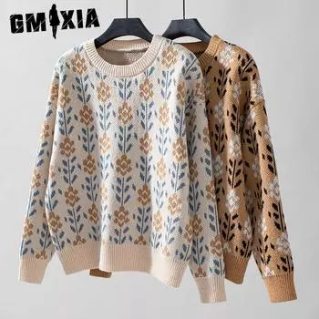 GMXIA Осень-зима Женский свитер с круглым вырезом Свободный цветочный свитер для женщин S