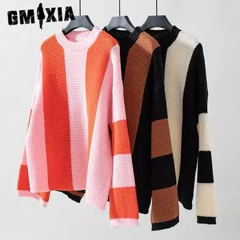 GMXIA Осень-зима женский свитер свободный круглый вырез пуловер расклешенный рукав цветной свитер женский S оранжевый