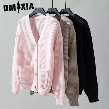 GMXIA Осенне-зимний женский свитер, свободный повседневный однотонный однобортный свитер с V-образным вырезом для женщин S розовый