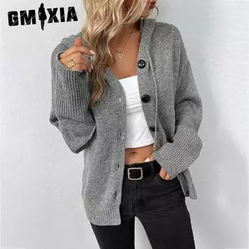 GMXIA Осень-зима женский свитер однобортный однотонный с капюшоном вязаный кардиган свитер для женщин S серый