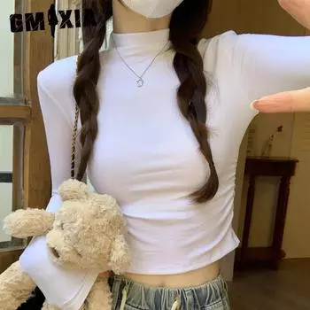 GMXIA Базовая облегающая футболка с длинным рукавом, женская, ранняя весна, универсальная базовая рубашка, небольшой воротник-стойка внутри верха M
