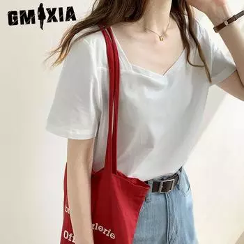GMXIA Белая футболка с короткими рукавами, женская летняя, квадратный вырез, свободный, ретро, с V-образным вырезом, дизайн Feeling Niche, топ-тренд M белый