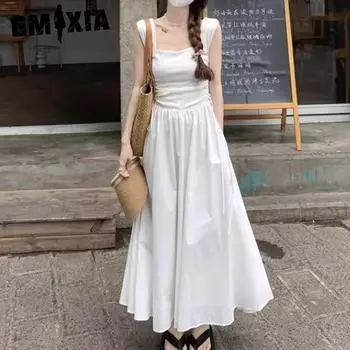 GMXIA белое платье-майка без рукавов, женская летняя тонкая юбка в роскошном стиле с квадратным воротником на талии S