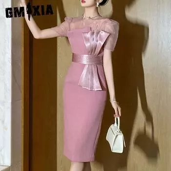 GMXIA Платье на день рождения, летнее женское облегающее платье с милым темпераментом и бантом S