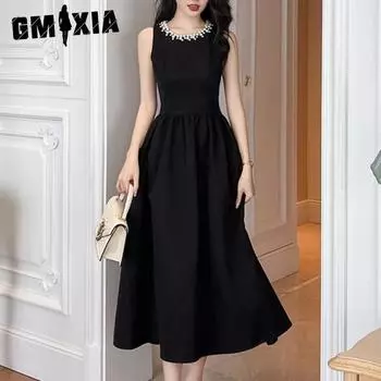 GMXIA Черное платье, женская длинная летняя элегантная юбка трапециевидной формы без рукавов в стиле Herben, расшитая бисером S чёрный