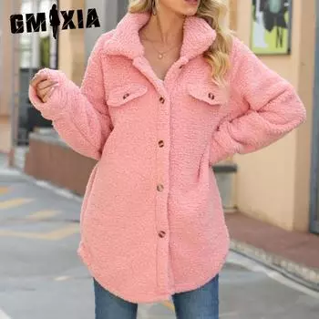 GMXIA мерцающее осенне-зимнее женское флисовое пальто с длинным рукавом и лацканами, с накладными карманами S розовый