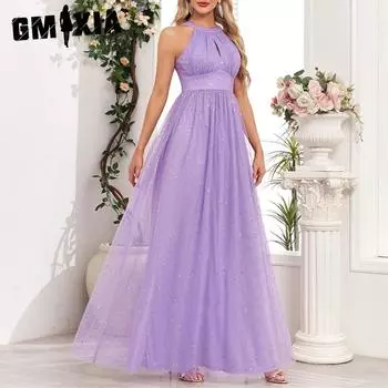 GMXIA Блестящие вечерние платья без рукавов с лямкой на спине и бантом в сетку на молнии сзади, большие качели S лавандовый