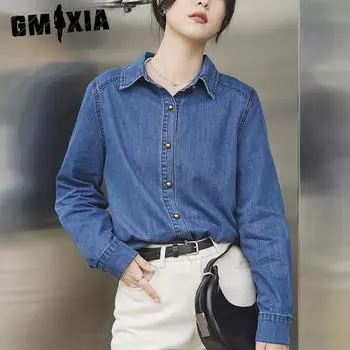 GMXIA Синяя джинсовая рубашка куртка женская осень винтаж все свободный маленький длинный рукав топ S светло-синий