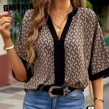 GMXIA Блузка с принтом, летний стиль, топ с короткими рукавами для поездок на работу S коричневый