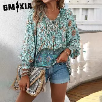 GMXIA Блузка с принтом, женская, осенняя, темпераментная, с V-образным вырезом и длинными рукавами S розовый