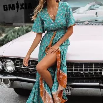 GMXIA Платье с принтом в стиле бохо и бахромой на V-образном вырезе S бордовый