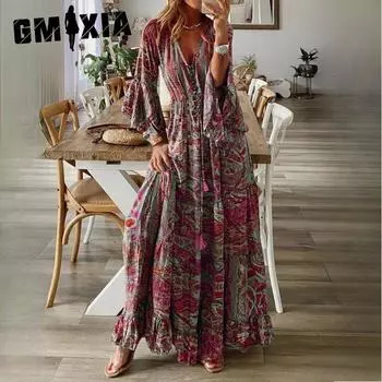 GMXIA Bohemian расклешенные рукава с принтом V-образный вырез с высокой талией праздничное платье цветочные женские длинные платья S красный
