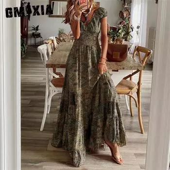 GMXIA Boho цельное платье-халат с макси-талией и цветочным принтом S серый