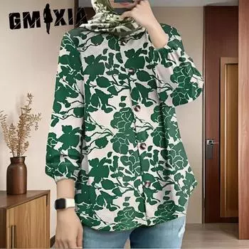 GMXIA Большие размеры Женская свободная модная рубашка с длинным рукавом и принтом в виде пузыря S зелёный