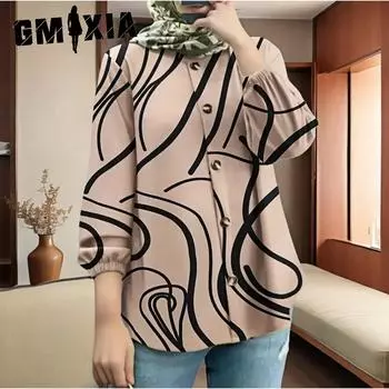 GMXIA Большие размеры Женская свободная модная рубашка с длинным рукавом и принтом в виде пузыря S чёрный