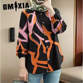 GMXIA Большие размеры Женская свободная модная рубашка с длинным рукавом и принтом в виде пузыря S чёрный