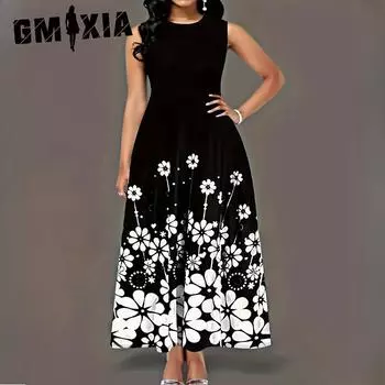 GMXIA Большие размеры женские новые деревенские модные простые длинные платья с круглым вырезом XL чёрный