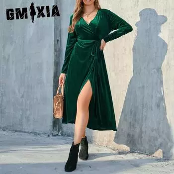 GMXIA Большие размеры женские платья средней длины из шелка и бархата с разрезом и завязками в полоску на осень и зиму S темно-красного