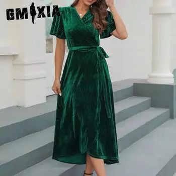 GMXIA Большие размеры женские платья средней длины из шелка и бархата с разрезом и завязками в полоску на осень и зиму S темно-красного