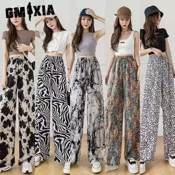 GMXIA Брюки с рисунком тушью и узорами в стиле тай-дай. Женские летние тонкие повседневные брюки из ледяного шелка. Брюки с эффектом барабанной уборы. Прямые широкие брюки. One Size