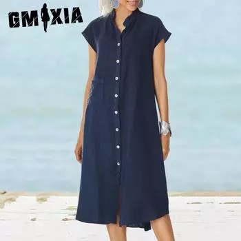 GMXIA Cardigan Single Breasted Cotton Linen Pocket Plus Size Dress Petticoat S белый