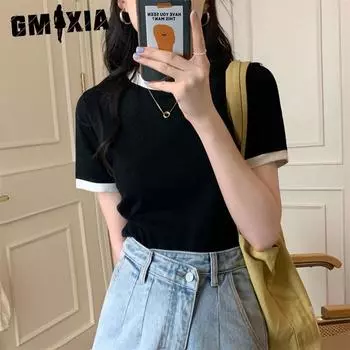GMXIA Casual Base Top Slim Short Sleeve T-shirt Female Summer Student Pit Strip Women s Fashion M