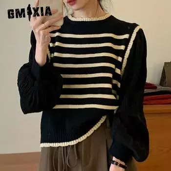GMXIA Casual Knitwear Tops Women s Fall and Winter Casual Style Short Splicing Sweater One Size чёрный