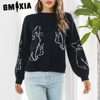 GMXIA Жаккардовый свитер с рисунком кошки, женский свободный свитер с длинными рукавами на осень и зиму S армия зеленый
