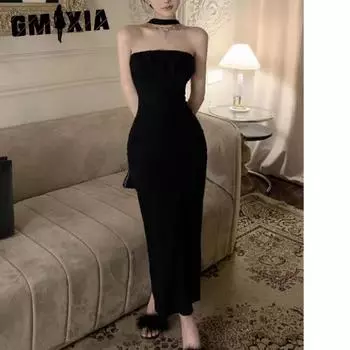 GMXIA Черное платье-халтер Летнее платье Pure Desire Spice с сексуальным бантом и небольшим облегающим разрезом на бедрах S чёрный