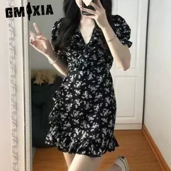 GMXIA Черное платье с цветочным принтом женское, высококачественное, с юбкой-фонариком, с рукавами-фонариками и талией, дизайн, маленький S