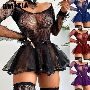GMXIA Cherry Seductive Sexy Net Dress, See-through Puffy Skirt, Underwear, Pajamas, Women s Pure Desire Clothing Set, Clothes, Uniform Pajama Sets S