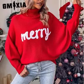 GMXIA Рождественская водолазка женская осень-зима свободная одежда с рукавами летучая мышь трикотажный топ для женщин S красный