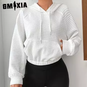 GMXIA Commuter Spring Свободный пуловер с капюшоном и длинными рукавами в стиле пэчворк, вафельная толстовка с капюшоном, женская S белый