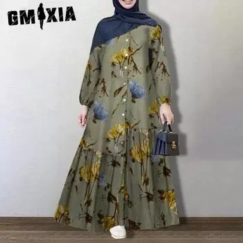 GMXIA Хлопок и лен с круглым воротником, пуговицами, длинным рукавом, эластичными манжетами, модное свободное повседневное платье S зелёный