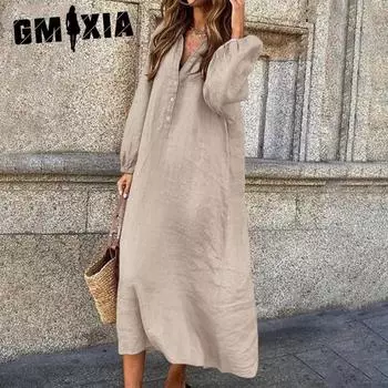 GMXIA Cotton Linen Solid Color Long Sleeve V-Neck Button Up Long Dress S бордовый