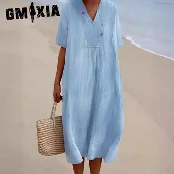 GMXIA Cotton Women s Solid Colours Large V-neck Fashion Style Loose Cotton Short Sleeve Dresses S синий