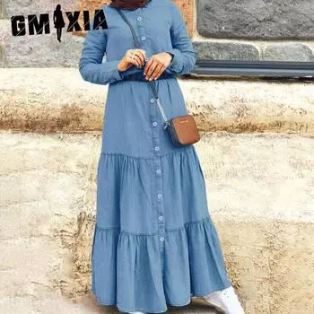 GMXIA Cowboy Dress Stand Collar Denim Button Up Long Dress S темно-синий