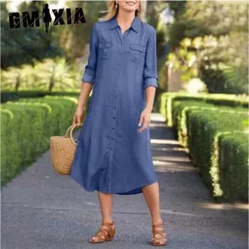 GMXIA Cowboy Multi Pocket Dress Elegant Solid Colour Plus Size Casual Dress S светло-синий