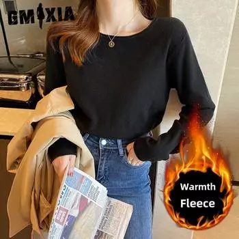 GMXIA Crewneck Pullover and Fleece Thickened Sweater Women s Autumn and Winter Solid Color Base with A Knit Shirt Uniform size чёрный