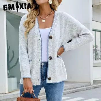 GMXIA Цветной контрастный пуговиц вязаный свитер с карманами на осень-зиму кардиган пальто S