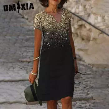 GMXIA Цветочный принт Лето Весна Женское Трендовое Позиционирование Принта Платье С Короткими Рукавами и V-образным Вырезом S