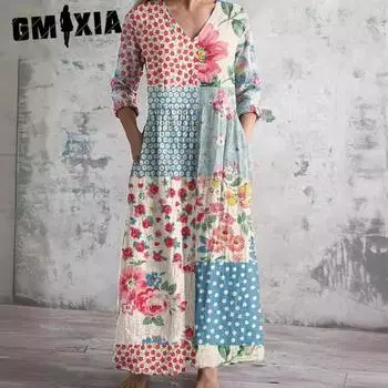 GMXIA Цветочный Принт Весна Осень Женское Модное Платье С Принтом V-образным Вырезом Длинные Рукава Карманы S