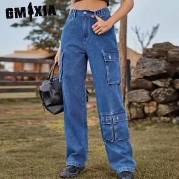 GMXIA Denim Wash Multi-Pocket Design Cargo Long Брюки Повседневные Брюки Для Женщин S светло-синий