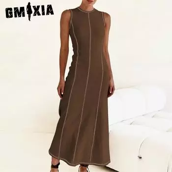 GMXIA Design Sense трикотажная длинная юбка с круглым вырезом без рукавов винтажная женская юбка-трапеция платье S абрикосовый