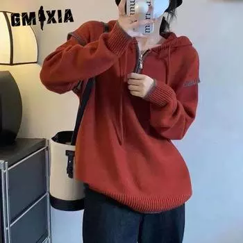 GMXIA Design Sense свитер с капюшоном женский свободный ленивый стиль осенне-зимняя верхняя одежда трикотажный топ с перекрестными цветами и полумолнией One size хаки