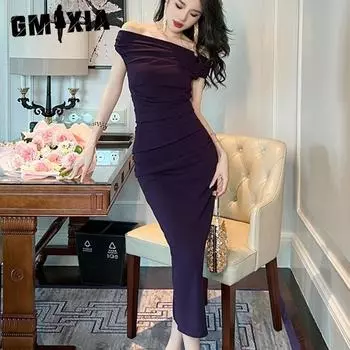 GMXIA Платье Делюкс для ужина Платье Лето Чистая мода Тонкое платье с вырезом и открытыми плечами S темно-фиолетового